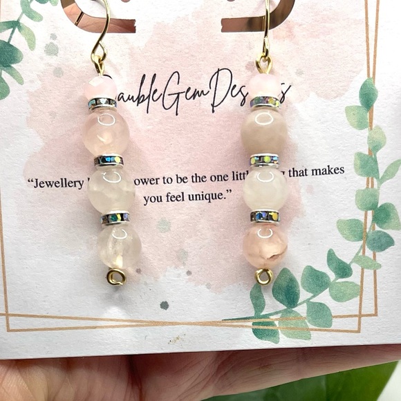 Rose Quartz & Crystal Beaded long Earrings - Picture 2 of 4